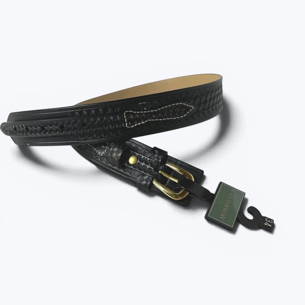 Canterbury Black Basketweave Embossed Belt Gold Tone Buckle Western Sz 34 NEW
